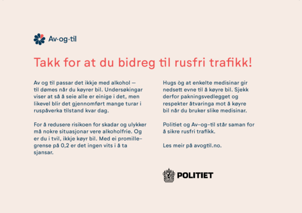 Takk for at du bidreg til rusfri trafikk!