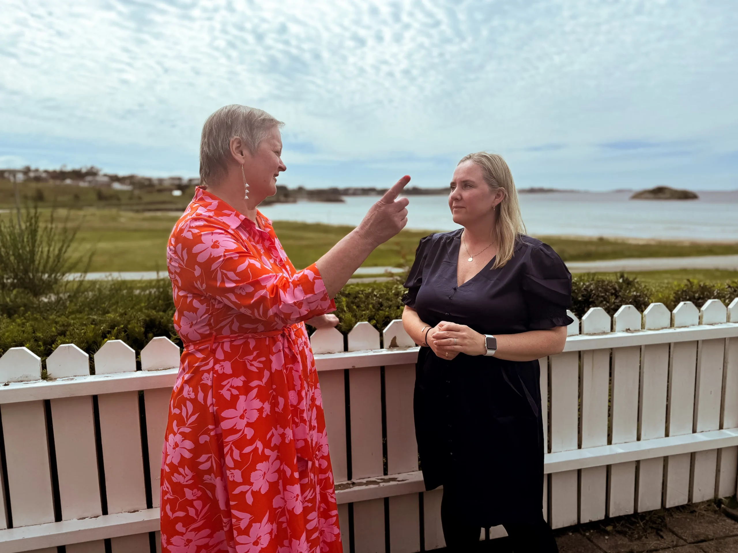 Elisabeth Lied og Ingunn Wenche som snakker til hverandre og lener seg på et gjerde. Det er en sommerdag og de har på seg sommerkjoler.