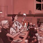 Familien (besteforeldre, foreldre og en liten gutt) sitter rundt julebordet og skåler