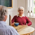 Kvinnelig senior sitter rundt et bord med rød genser og en stor kopp. I forgrunnen sitter en mann med ryggen til. Begge har grått hår. Kvinnen ser lur ut.