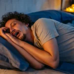 Man lying in bed sleeping with open mouth