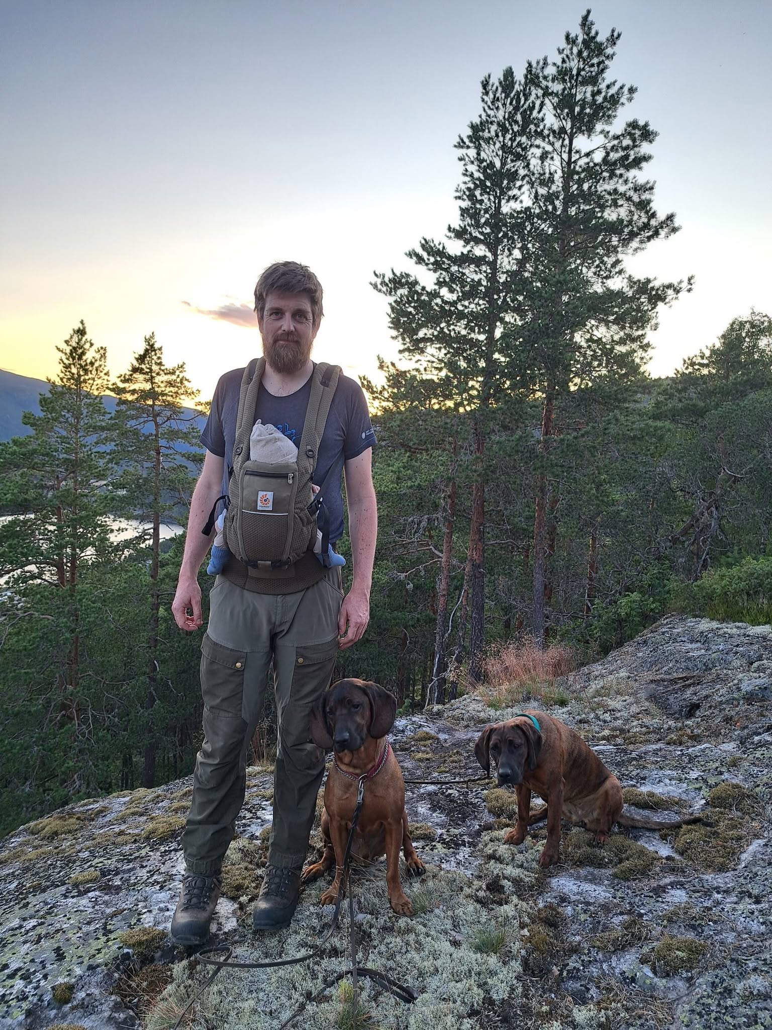 Eivind på tur i marka med baby i bæresele, og de to hundene sine ved siden av seg.