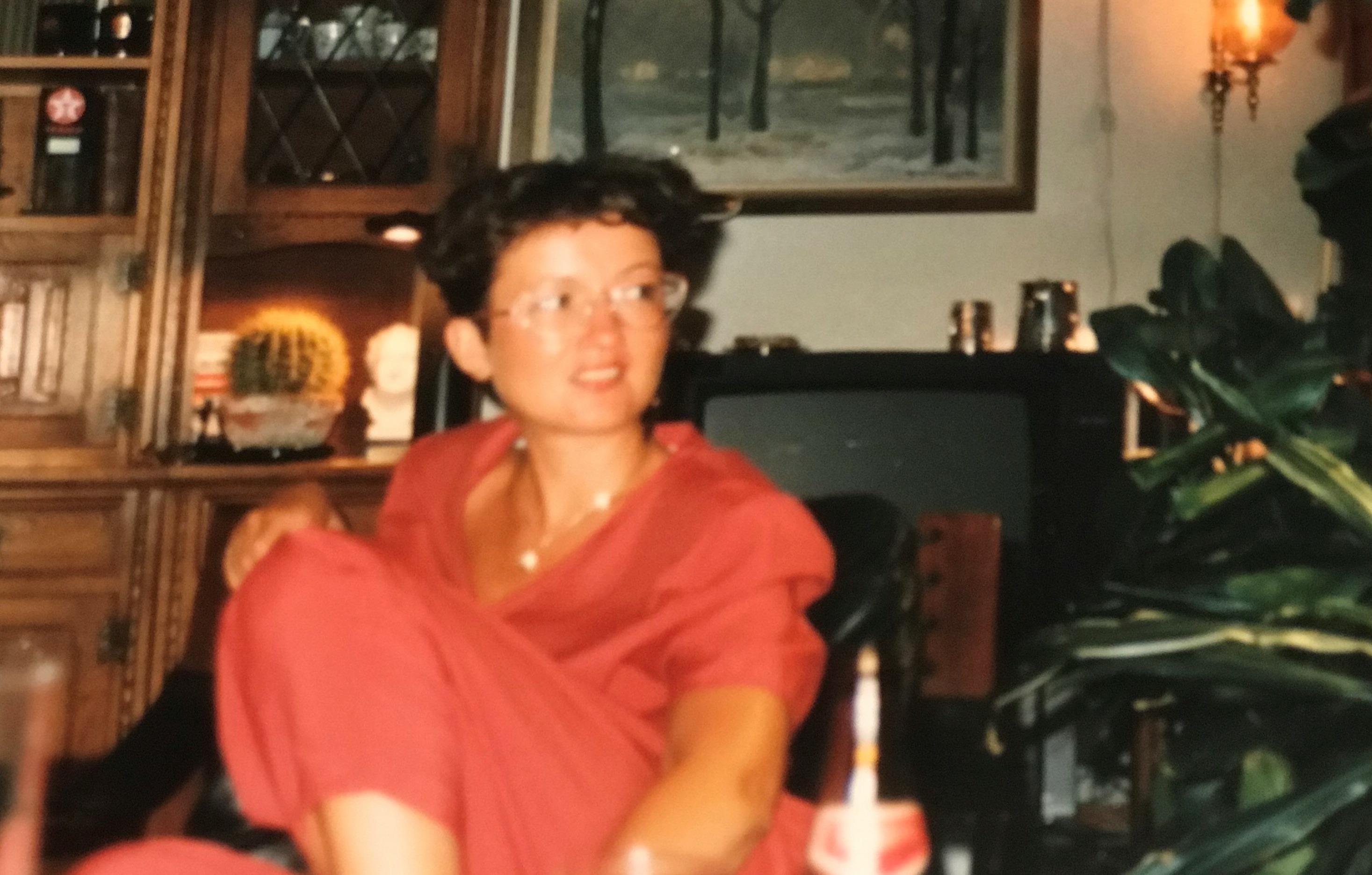 Bilde av Gunn-Helen som ung voksen,. Hun har på seg røde klær, sitter i en stol og ser bort. På bordet foran henne står en flaske og tomme glass.