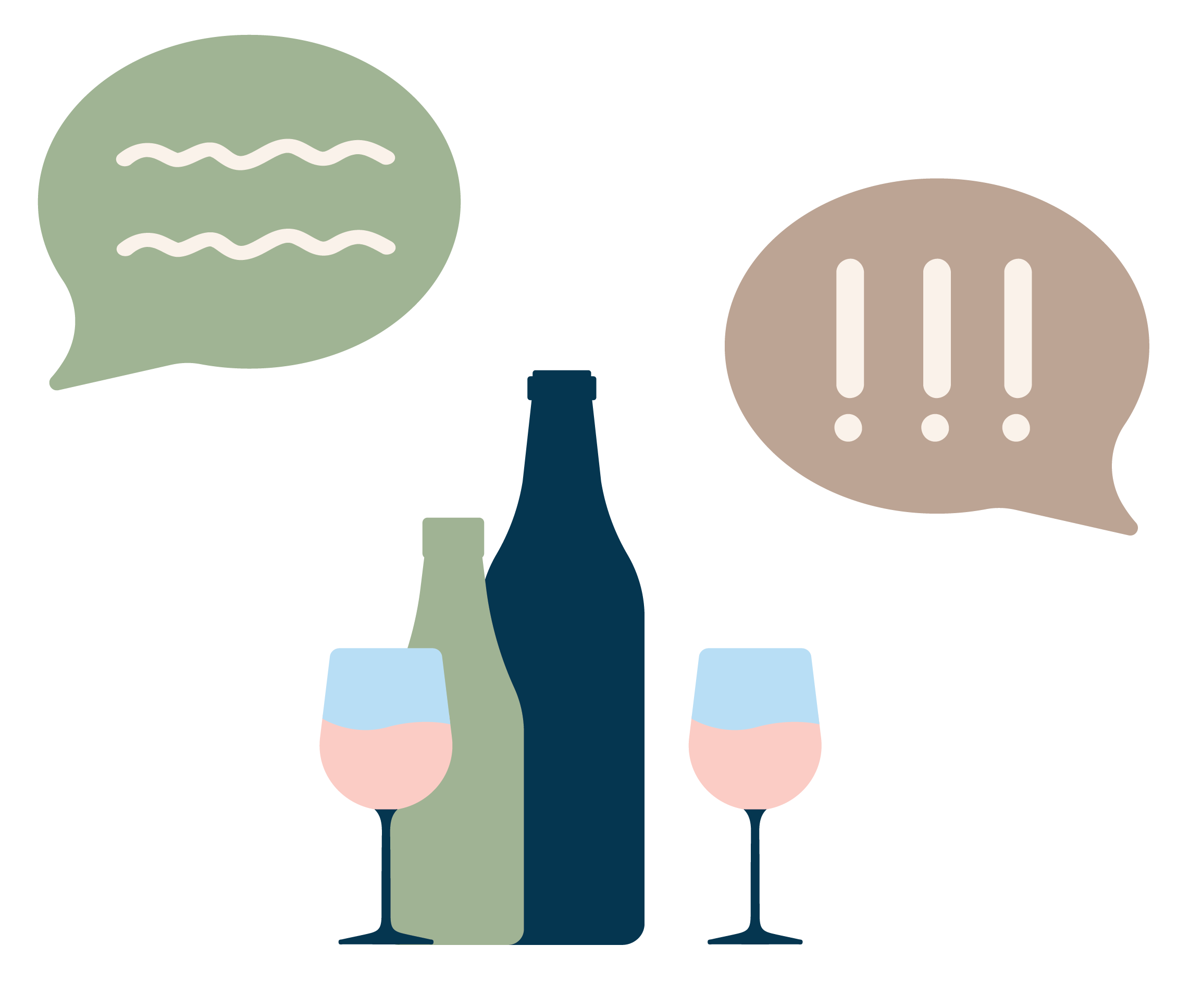 Illustrasjon av drikkevarer og snakkebobler over med utropstegn